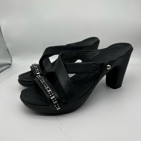 Crocs Cyprus IV Black Rhinestone Stacked Heel Sandals Women's Size 9 202267 - Picture 2 of 13